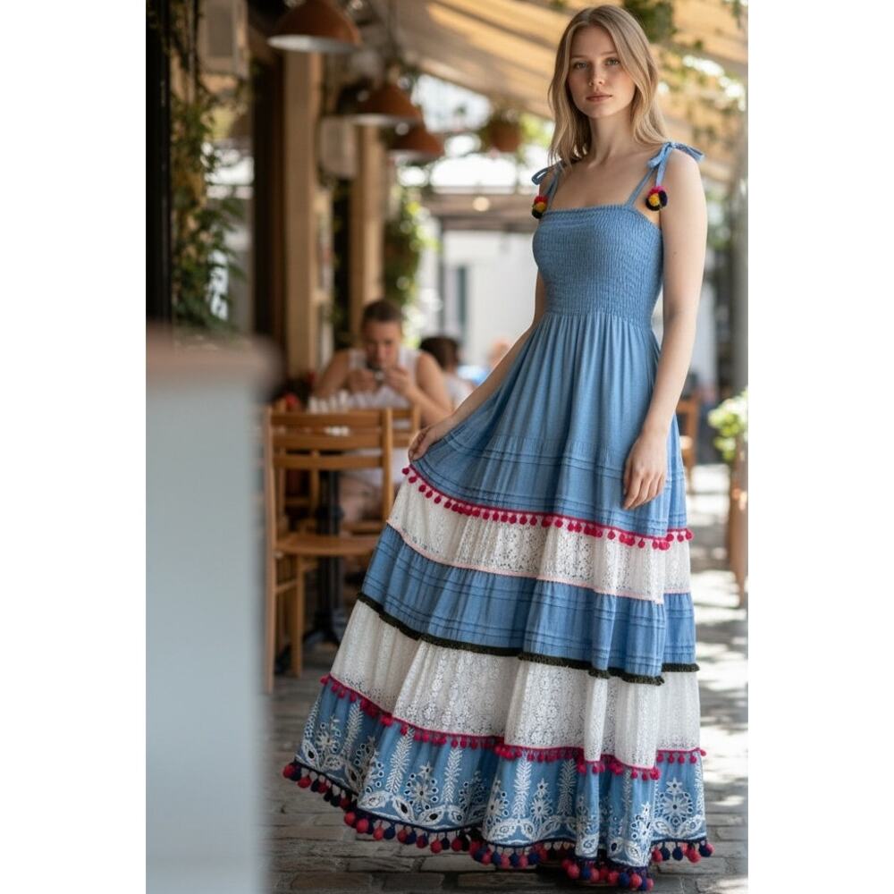 Blanco de Ibiza Boho Maxi Dress S Smocked Cotton Lace Pom Pom Tiered Blue Dress - Picture 4 of 11